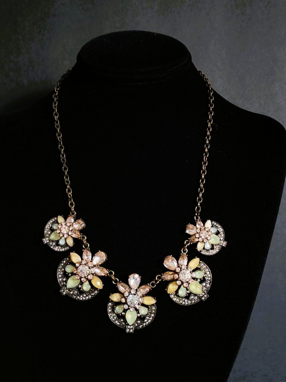 VTG Y2K Pastel Floral Statement Necklace Bronze Pink Opalite Rhinestone 23”